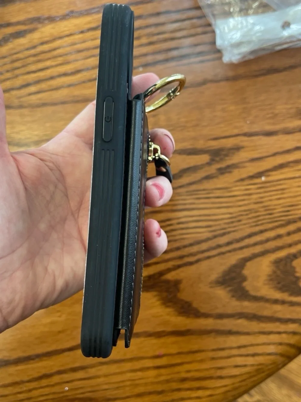 Black Leather Zipper Wallet Phone Case with Gold Ring for iPhone 13/14